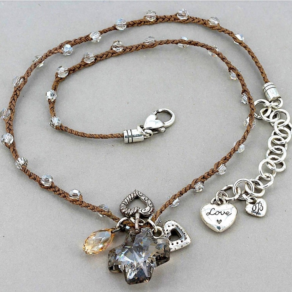Brighton "Karma" Swarovski crystal cross necklace w/ heart and crystal charms.